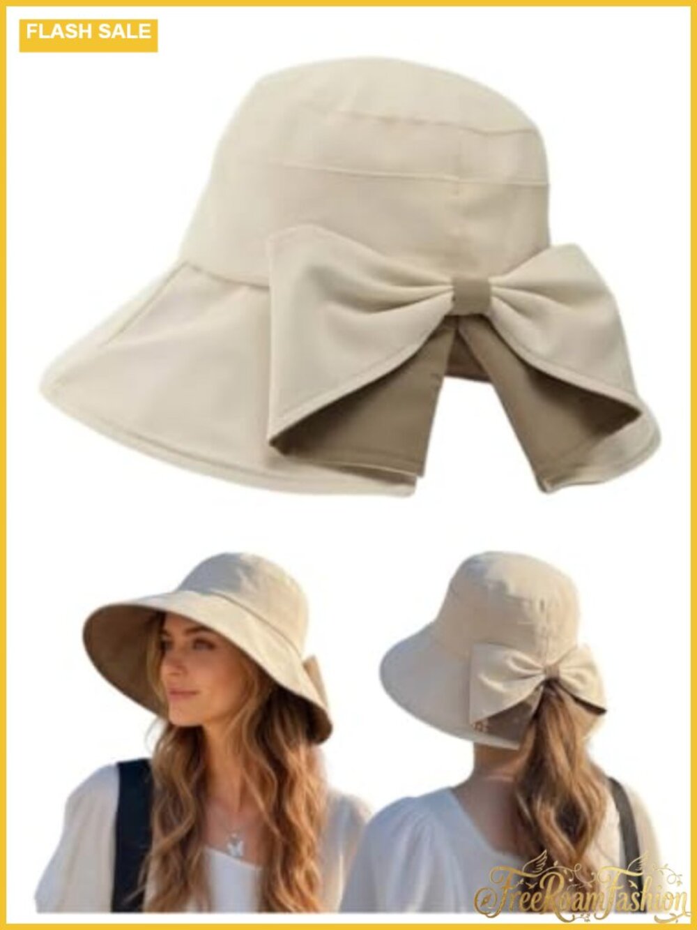Wide Brim UPF50+ Foldable Polyester Sun Hat Ponytail Bow Travel Beach